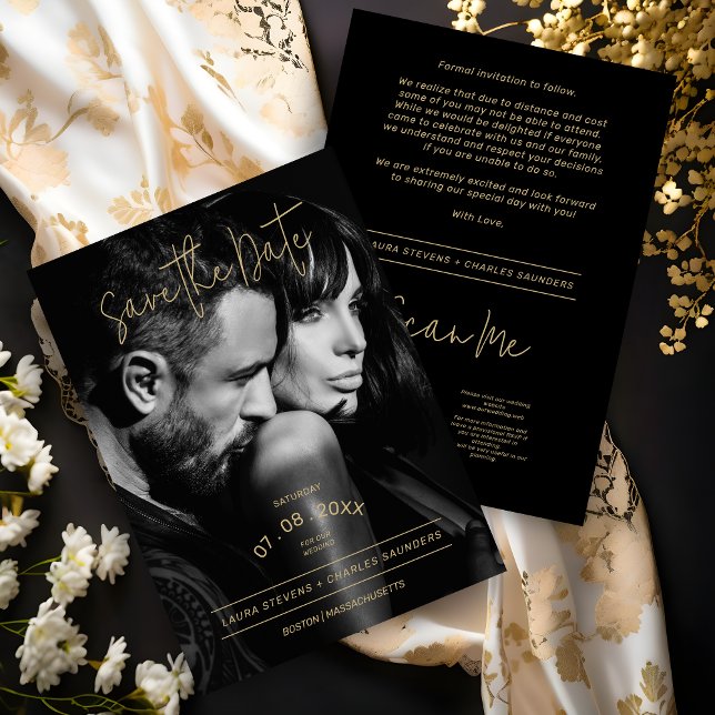 Exquisite Schwarz-Weiß-Goldene Schrift Hochzeit Save The Date (Exquisite Black & White Golden Script Wedding Save the Date Card.)