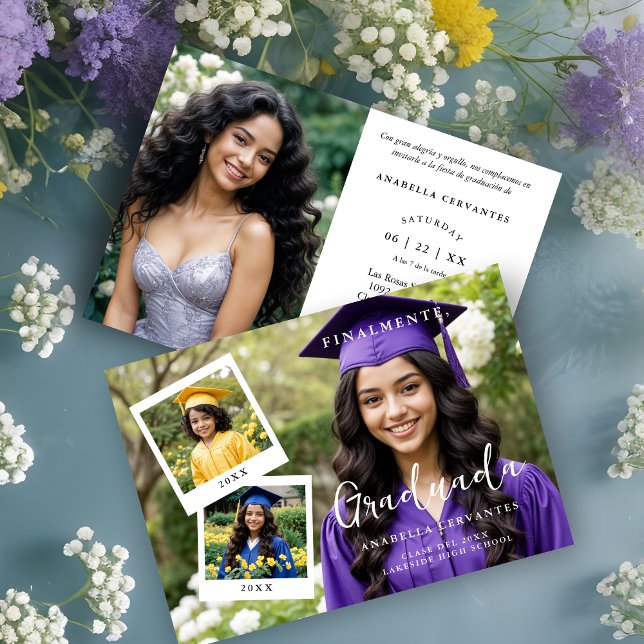 Exquisite Spanish Script Collage 4 Photos Timeline Einladung (Exquisite Spanish Script Collage 4 Photos Timeline Graduation Party Invitation Card with Funny Quote)