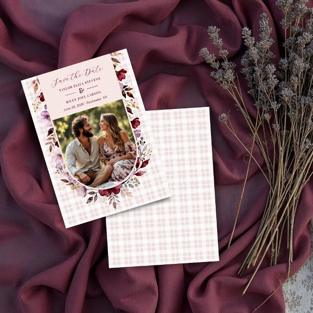 Exquisite Spring Burgundy Floral Arch Wedding Save The Date (Exquisite Romantic Burgundy Floral Arch Wedding Save the Date Design with Pastel Tartan Back. )
