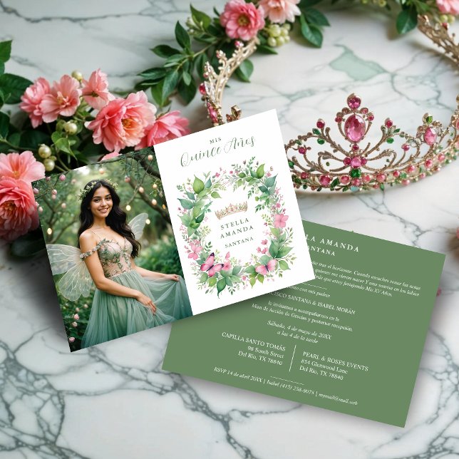 Exquisite Spring Tiara Green & Pink Floral Spanish Einladung (Exquisite Spring Tiara Green & Pink Floral Spanish Quinceañera Photo Invitations Cards. )