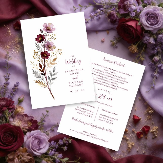 Exquisite Stylish Spring Botanical Purple Tones  Einladung (Stylish Spring Botanical Purple-Toned Exquisite Branches Wedding Card Design.)