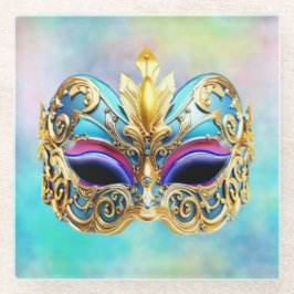 Exquisite venezianische Maske auf einem farbigen H Glasuntersetzer