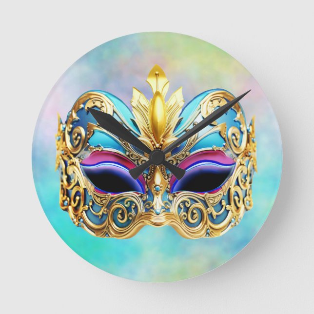 Exquisite venezianische Maske auf einem farbigen H Runde Wanduhr (Vorderseite)