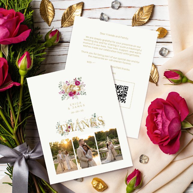 Exquisite Wedding Gold Rings Floral TLW26 Dankeskarte (Exquisite Gold Rings Wedding Thank You Card with Elegant Cream Floral Bouquet Watercolor Effect.)