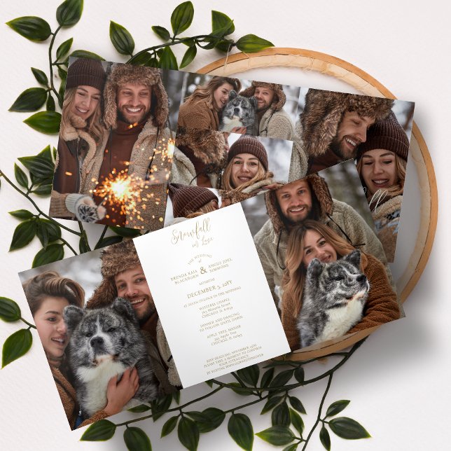 Exquisite Winter Wedding Christmas 7 Multi Photos Dreifach Gefaltete Einladung (Exquisite Winter Wedding Christmas 7 Multi Photos in Fake Gold Tri-Fold Invitation with Envelope. )