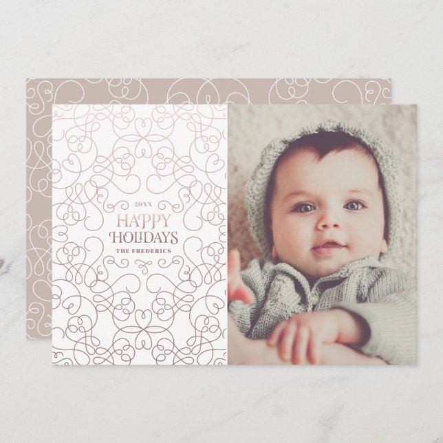 Exquisite Wirbel in Bronze Weihnachtskarte Einladung (Vorne/Hinten)