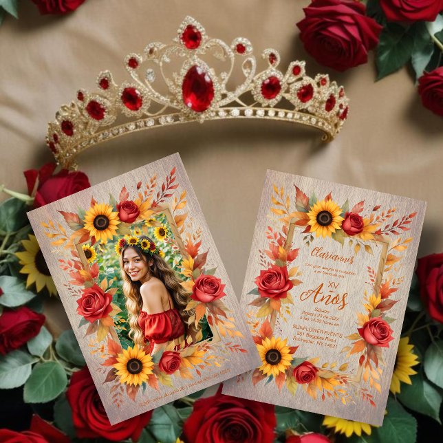 Exquisite Wood Botanical Frame Spanish Photo XVs Einladung (Exquisite Summer Rustic Wood Botanical Frame Spanish Photo Quineañera Invitations Cards.)