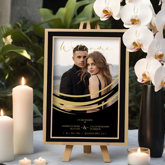 Exquisites Golden Abstrakt Geometric Shape-Foto Poster (Exquisite Faux Golden Abstract Geometric Shape Photo Wedding Welcome Guests Poster.)