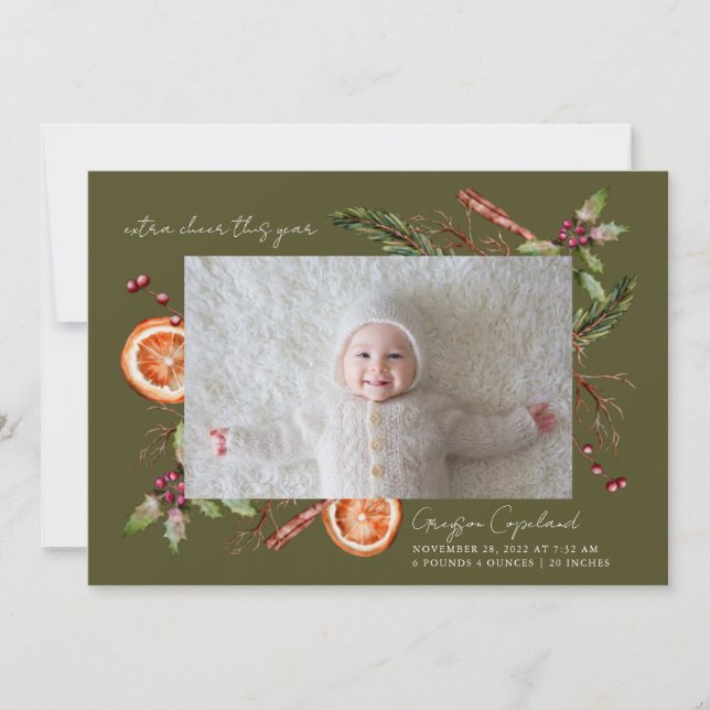 Extra-Cheer Green Holiday Baby Foto Birth Ankündigung (Vorderseite)