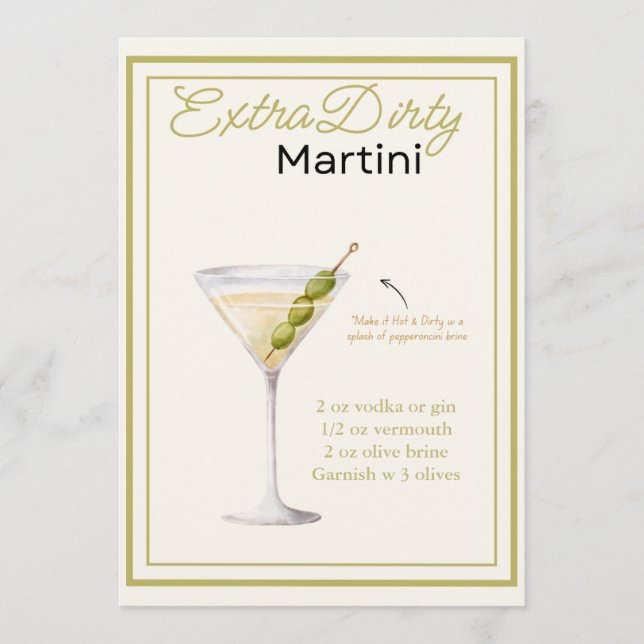 Extra Dirty Martini-Rezept-Karte Menükarte (Vorderseite)