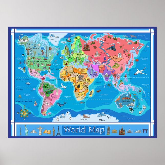 Extra Large Kid's Illustrierte Weltkarte - 53 x 40 Poster (Vorne)