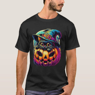 Extra Niedliche Katze Schwarz mit Hexenhut Pumpkin T-Shirt
