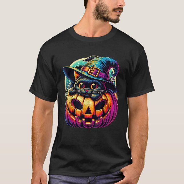 Extra Niedliche Katze Schwarz mit Hexenhut Pumpkin T-Shirt (Vorderseite)