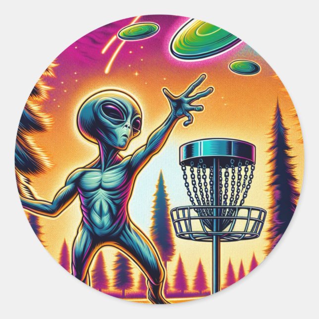 Extraterrestrische Alien Disc Golfing Runder Aufkleber (Vorderseite)