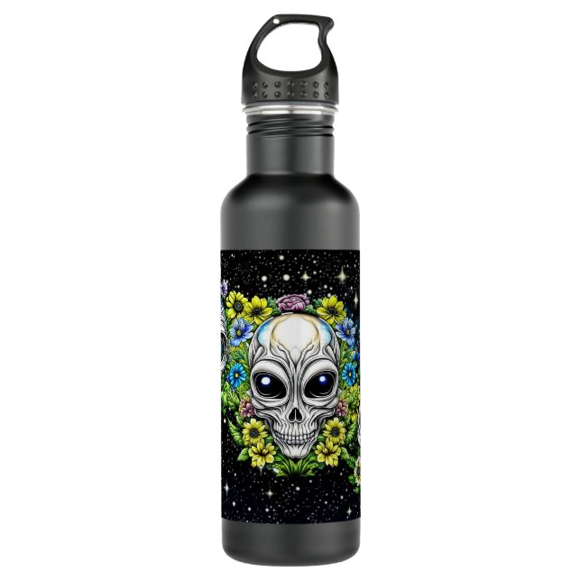 Extraterrestrische Alien Skulls und Blume Edelstahlflasche (Vorderseite)