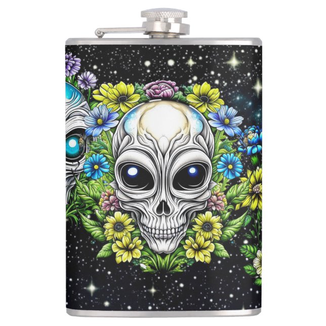 Extraterrestrische Alien Skulls und Blume Flachmann (Vorderseite)
