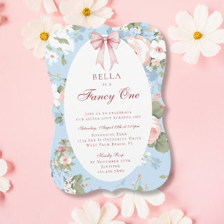 Extravagant 1 Pink Blue Bow Floral 1. Geburtstag Einladung