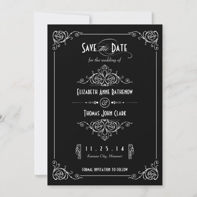 Extravagant Art Deco Schwarz & Weiß Save the Date (Vorderseite)