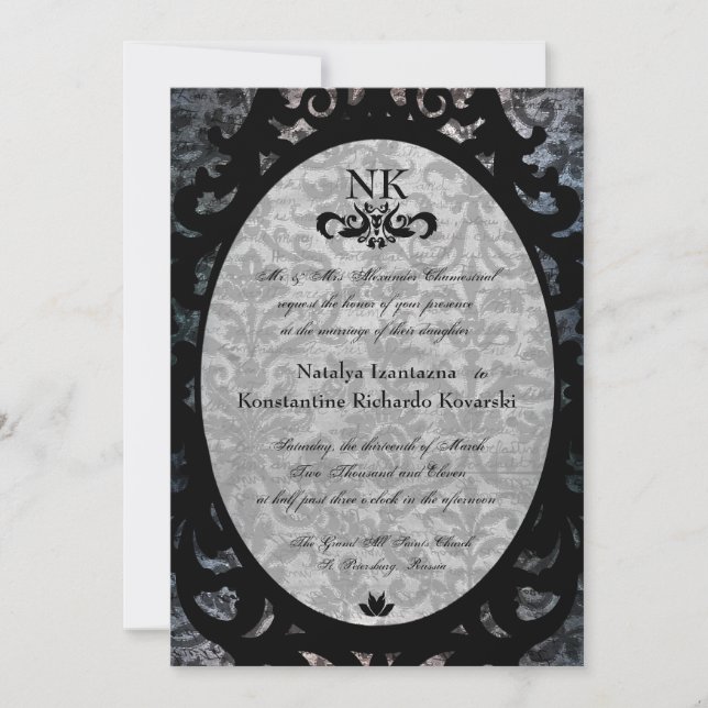 Extravagant Black Damask Oval Goth Wedite Einladun Einladung (Vorderseite)