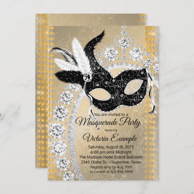 Extravagant Black Gold Diamond Masquerade Geburtst Einladung (Vorne/Hinten)