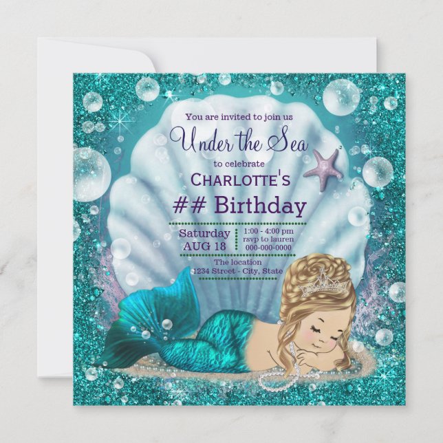 Extravagant Blonde Mermaid Birthday Party Einladung (Vorderseite)