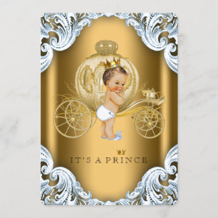 Extravagant Blue and Gold Carriage Prince Baby Dus Einladung