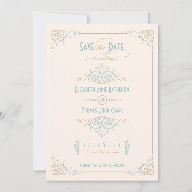 Extravagant Blue & Bronze Art Deco Save the Date (Vorderseite)