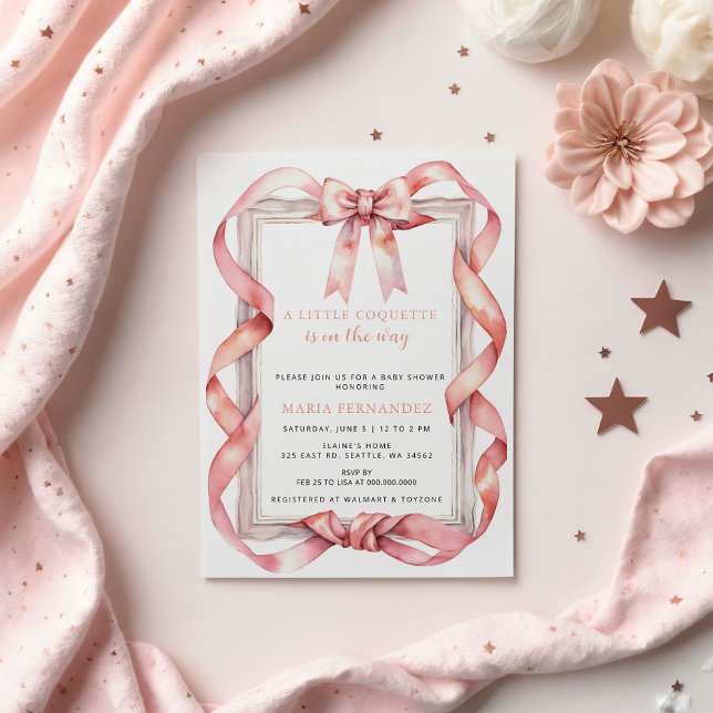 Extravagant Chic Coquette Pink Bow Girl Babydusche Einladung (Fancy Chic Coquette Pink Bow Girl Baby Shower Invitation)