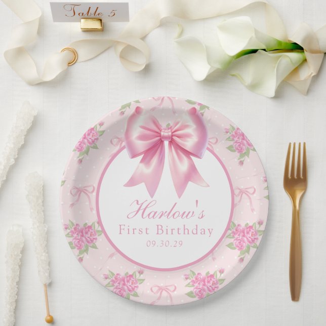 Extravagant ein rosa Coquette Bow Erster Geburtsta Pappteller (Hochzeit)
