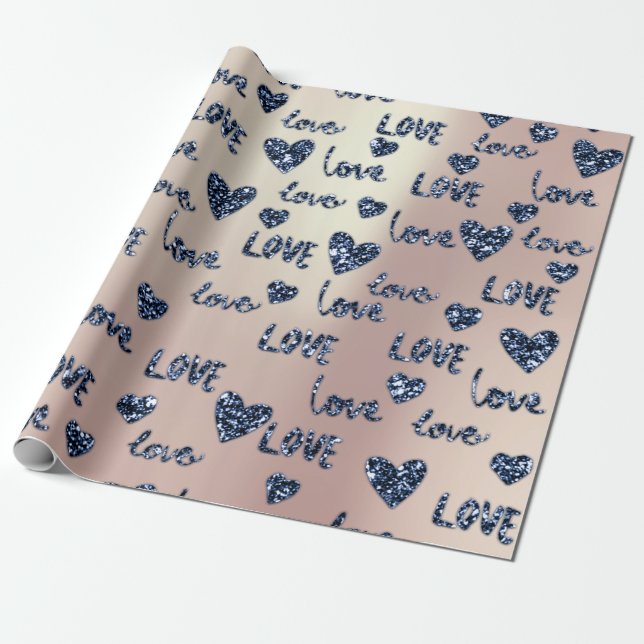 Extravagant Hearts Blue Navy Rose Glitzer Liebe Va Geschenkpapier (Ungerollt)