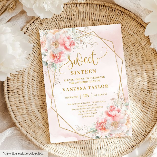 Extravagant leichte Rosa Gold Blume Sweet 16 Einla Einladung (Fancy Light Pink Gold Flowers Sweet 16 Invitation)
