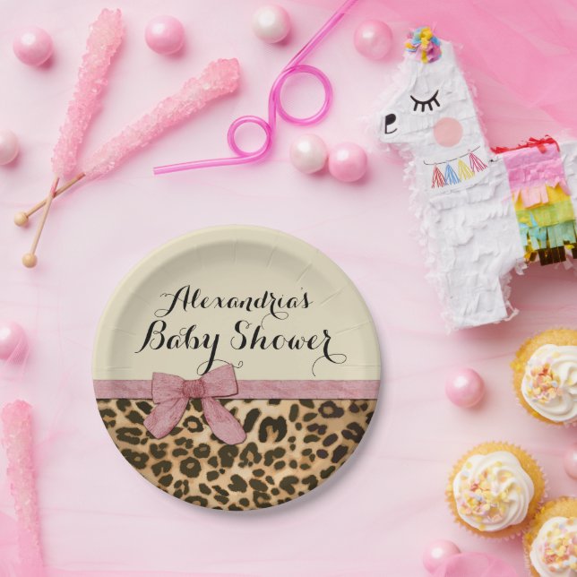 Extravagant Leopard Pink Bow Girl Babydusche Pappteller (Party)