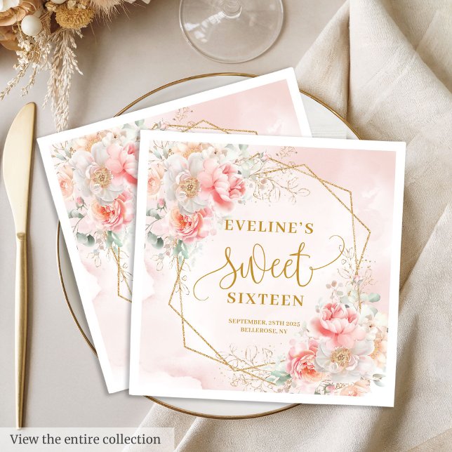 Extravagant Light Pink Gold Blume Sweet 16 Birthda Serviette (Fancy Light Pink Gold Flowers Sweet 16 Birthday Napkins)