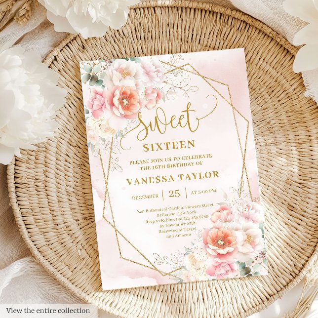 Extravagant Pastel Pink Sage Gold Floral Sweet 16  Einladung (Fancy Pastel Pink Sage Gold Floral Sweet 16 Invite)
