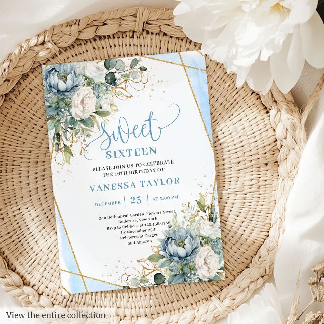 Extravagant Pastell Blue White Gold Floral 16 . Ge Einladung (Fancy Pastel Blue White Gold Floral Sweet 16 Invitation)