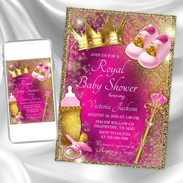 Extravagant Pink Gold Princess Kinderdusche Einlad Einladung (Pink and gold princess baby shower invitation with cute princess things on pink and gold background)
