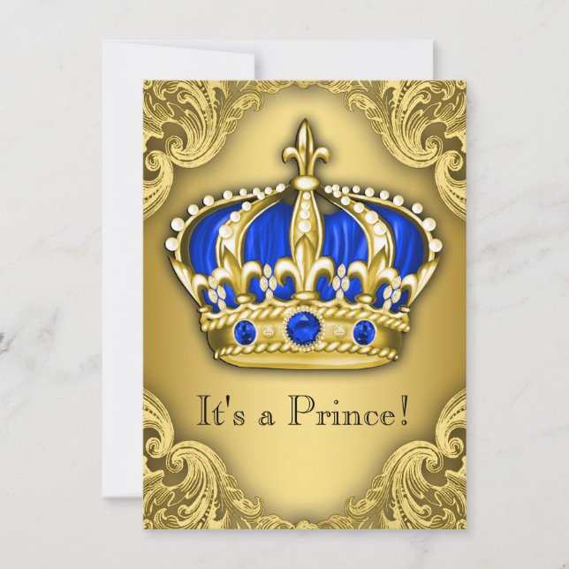 Extravagant Prince Baby Shower Blue und Gold Einladung (Vorderseite)