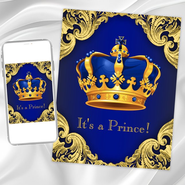 Extravagant Prince Baby Shower Blue und Gold Einladung (Prince crown baby shower invitation. Instant download and printed invitations available.)