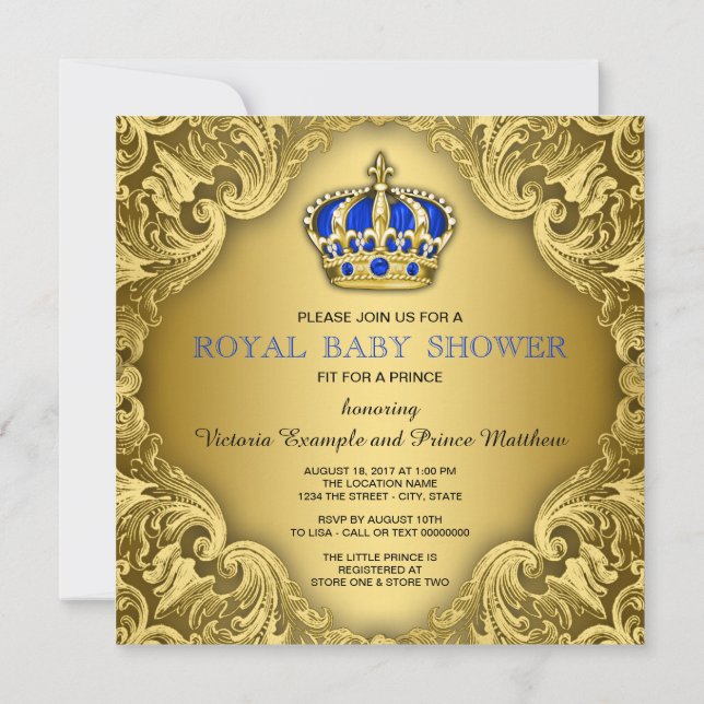 Extravagant Prince Baby Shower Blue und Gold Einladung (Rückseite)