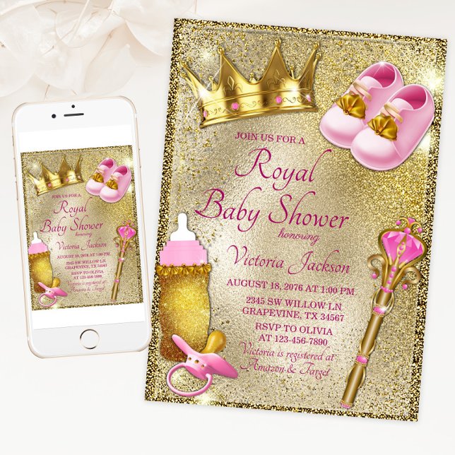 Extravagant Princess Pink Gold Baby Dusche Einladung (Pink gold royal baby shower invitation with cute princess things on a beautiful gold background.)