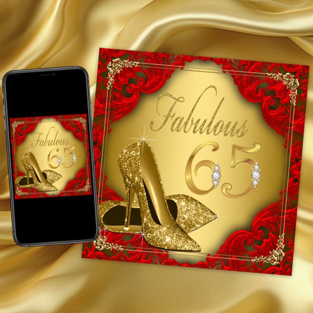 Extravagant Red Gold High Heel Fabulous 65. Geburt Einladung (Womans 65th birthday party invitation with gold high heel shoe on an elegant red and gold background)