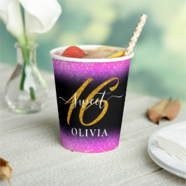 Extravagant rosa Glitzer Sweet 16 Sechzehn Papierc Pappbecher