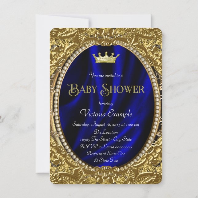 Extravagant Royal Blue and Gold Prince Baby Dusche Einladung (Rückseite)