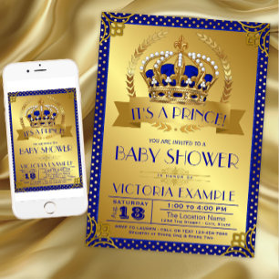 Extravagant Royal Blue Gold Prince Baby Dusche Einladung