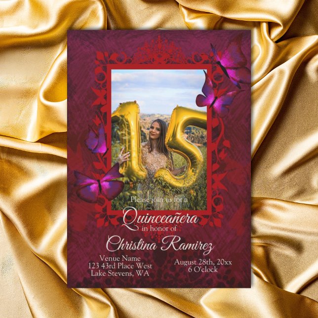 Extravagant Ruby Red Butterfly Quinceanera Einladu Einladung (Red and pink quinceanera invitation templates, red mis quince english wording script writing)