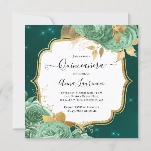 Extravagant Sage Green Gold Floral Rose Quinceaner Einladung