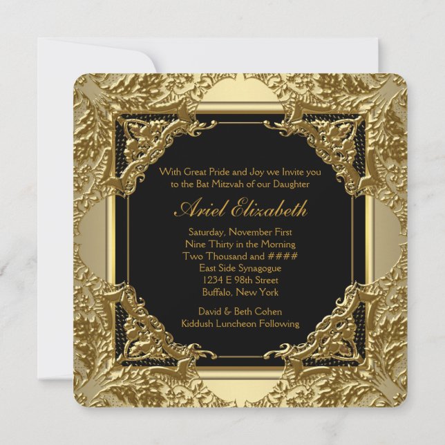 Extravagant Schwarz und Gold Bat Mitzvah Einladung (Rückseite)