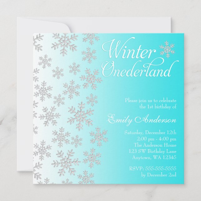 Extravagante Aquamarine Schneeflocken Winter Onede Einladung (Vorderseite)