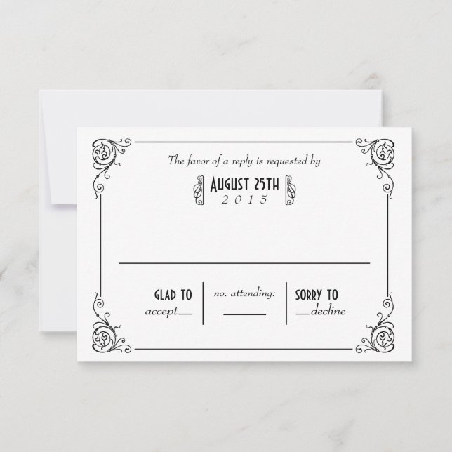 Extravagante Art Deco Black & White Wedding RSVP C Karte (Vorderseite)