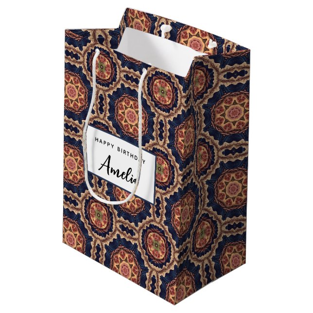 Extravagante Blume und Star-Formen-Muster Geburtst Mittlere Geschenktüte (Rückseite Schrägansicht)